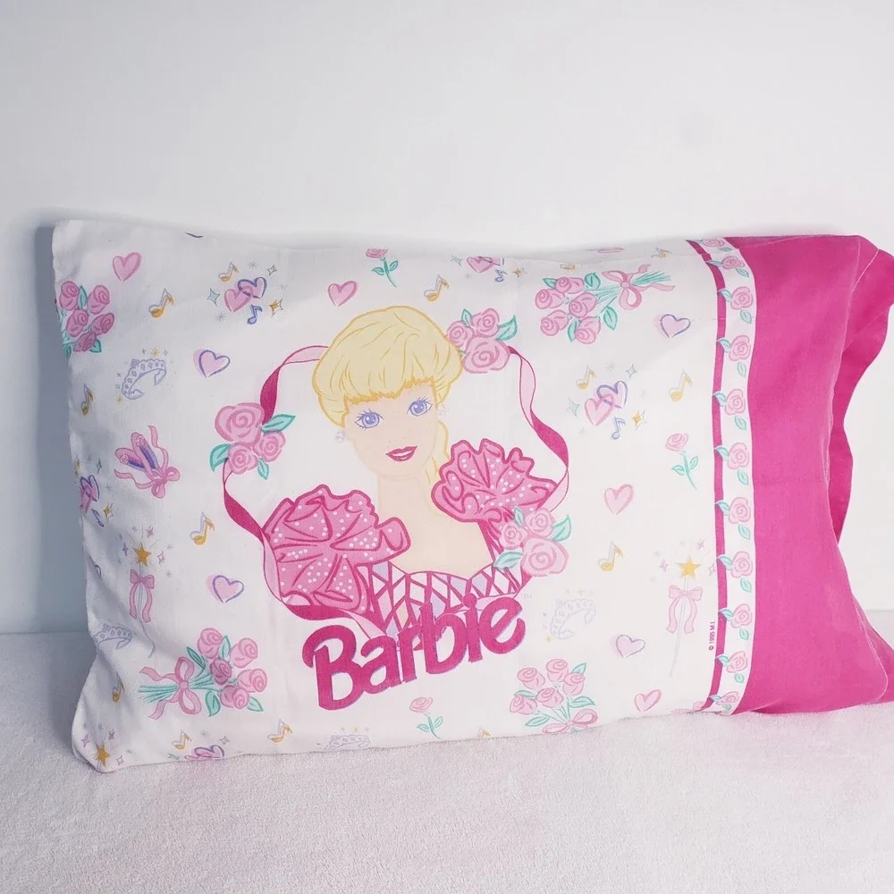 Vintage 1995 BARBIE Bed Pillow Case Twin Flat Sheet Ballerina Hearts Barbiecore